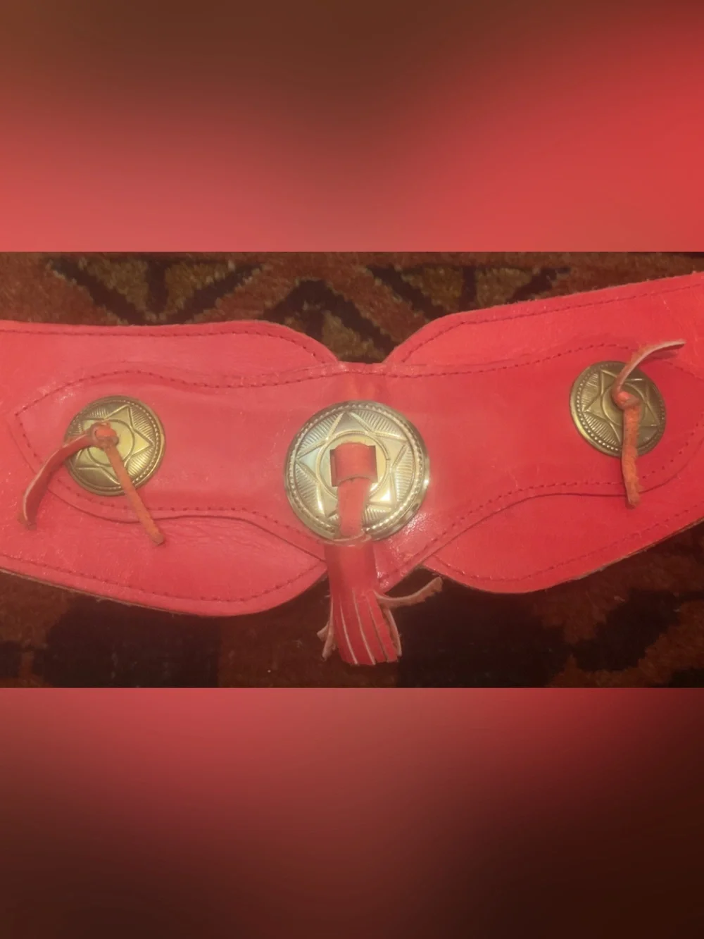 Vtg Leather Western Red belt tassel & gold tone conchos ADJUSTABLE RARE